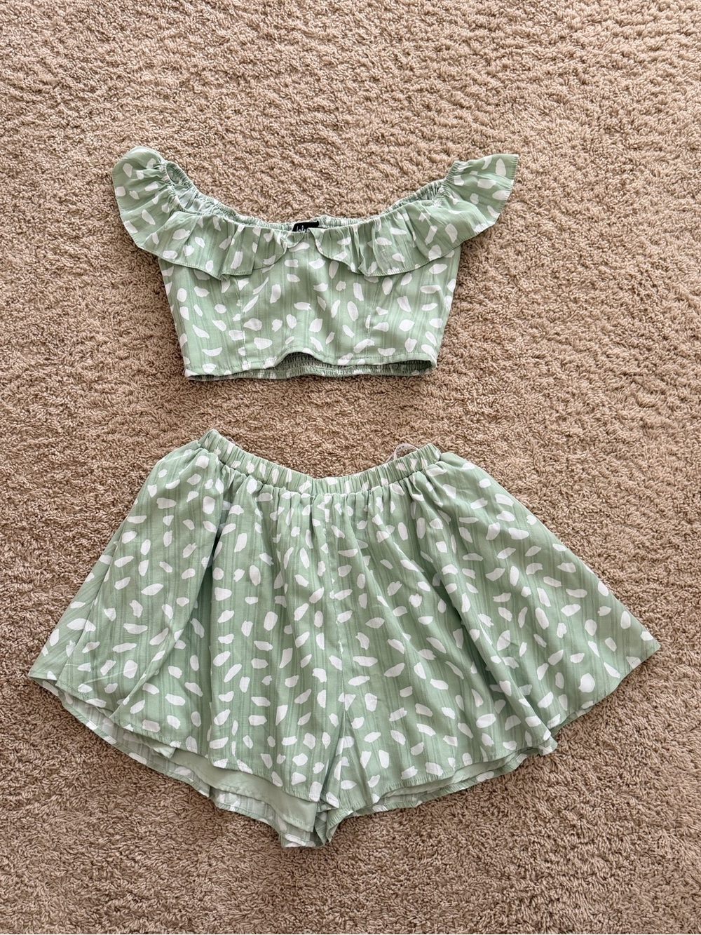 Lulu's Sage Green White Printed Ruffle Crop Top & Flowy Skort
